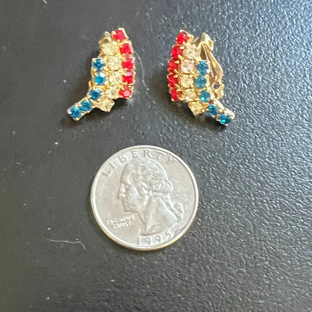 Vintage Rhinestone Clip On Earrings Red White‎ Blue Gold Tone Retro Sparkle